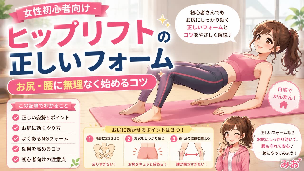 ヒップリフトの正しいフォームを女性初心者向けに解説するアイキャッチ
