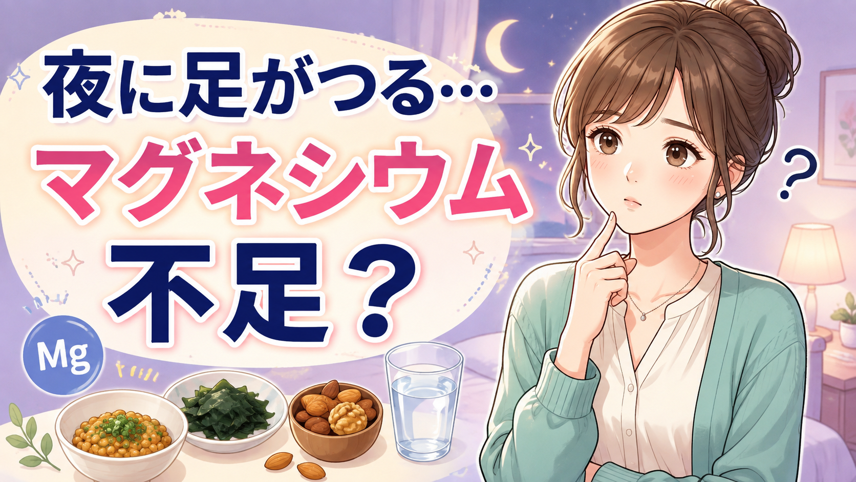 夜に足がつるときとマグネシウムの関係を解説するみおラボのアイキャッチ