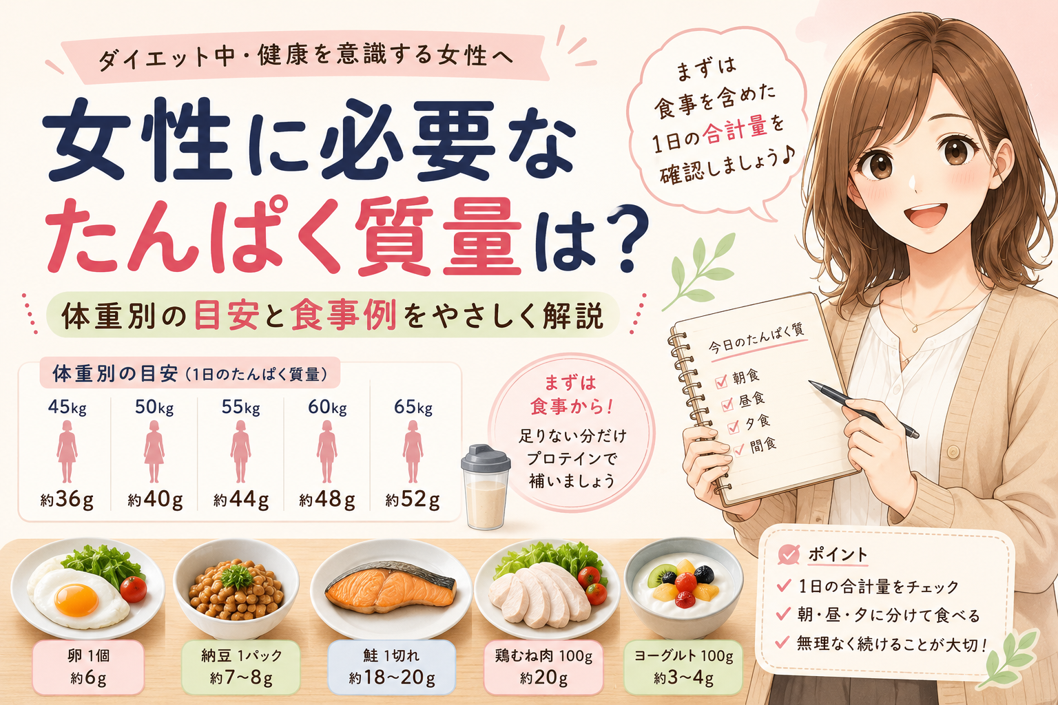 女性に必要なたんぱく質量を体重別の目安と食事例で解説するアイキャッチ