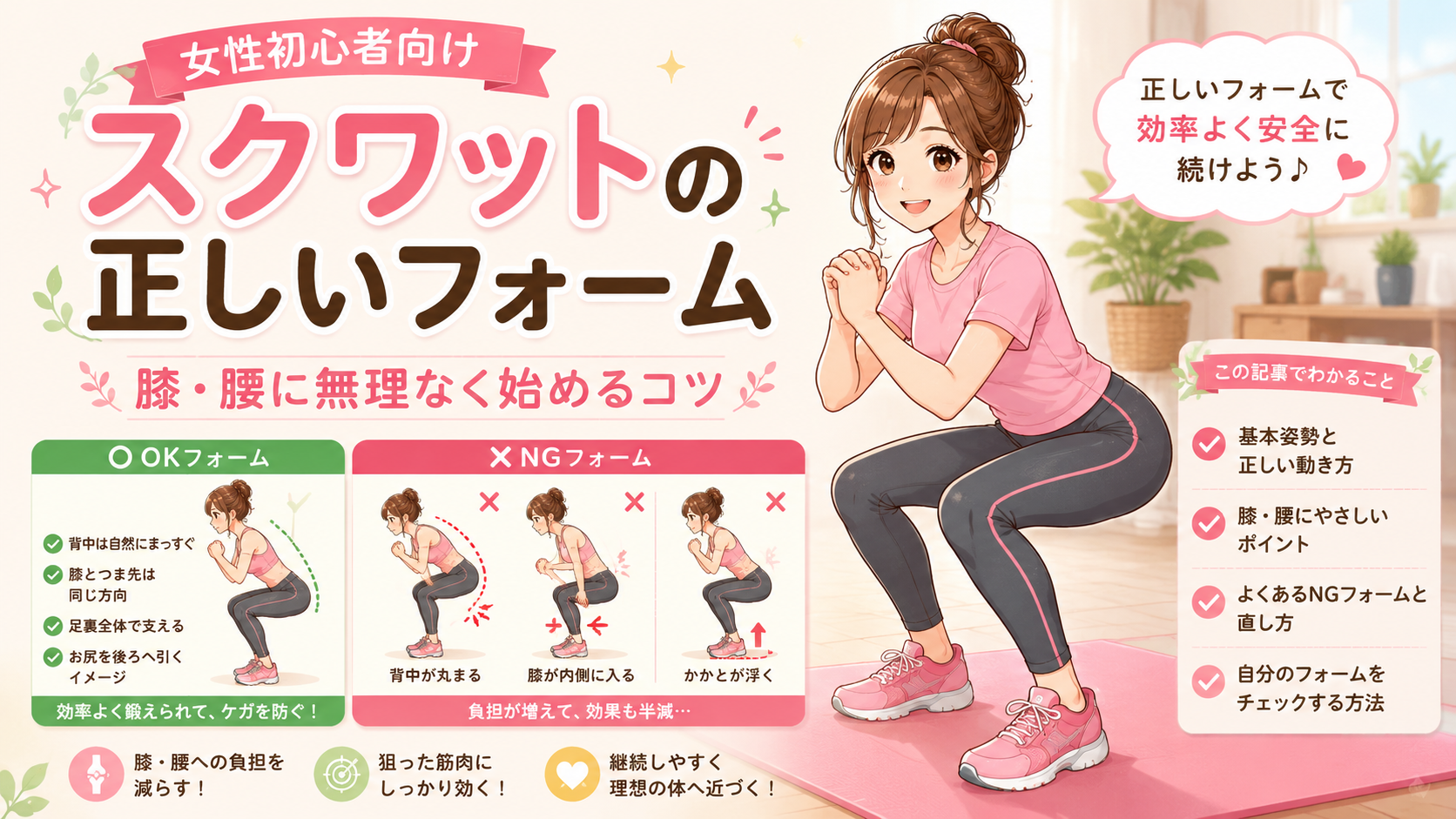 スクワットの正しいフォームを女性初心者向けに解説する記事