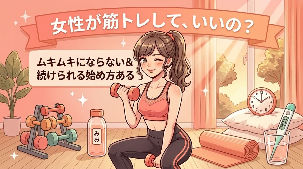 女性の筋トレ初心者が自宅メニューやフォームの基本を確認する記事のアイキャッチ