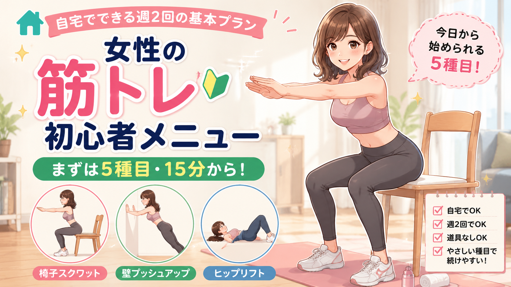 女性の筋トレ初心者向けに自宅でできる週2回の基本メニューを解説するアイキャッチ